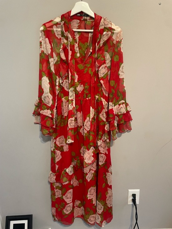 Zara Dresses & Skirts - ZaraRed Floral Maxi Dress with Ruffled Sleeves FLAWED